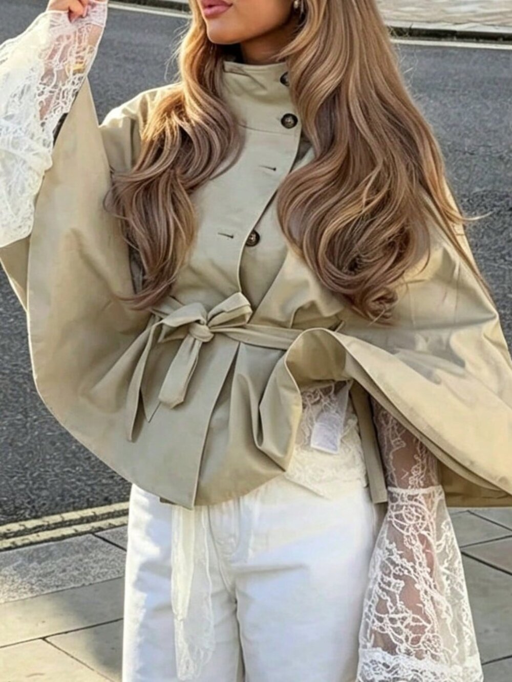 Khaki Casual Women's Elegant Tie-Neck Cape Trench Coat With Belt